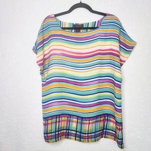 Rachel Zoe Dolman Short Sleeve Striped Colorful Rainbow Top, Round Neck Sz L
